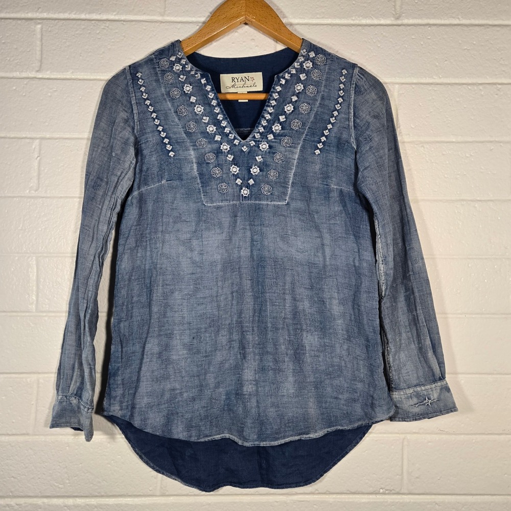 Vtg Ryan Michael Indigo Cotton Embroidered Tunic Top Oversize‎ Small Boho Hippie
